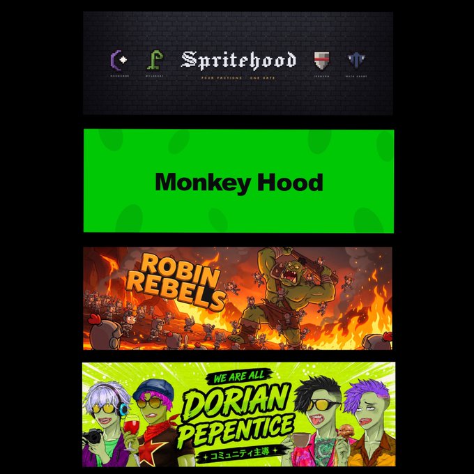 The image displays four promotional banners stacked vertically for NFT collections: "Spritehood" (Your Factions. One Gate), "Monkey Hood" on a green background, "Robin Rebels" featuring a fiery battle scene, and "Dorian Pepentice: We Are All Dorian Pepentice," visually representing the user's NFT watchlist on Robinhood Chain where they hold 0 out of 4 collections.