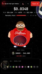 A dark mobile app interface showing a price of "$0.0348" with a cartoon mascot wearing a red shirt labeled "Patron" on what appears to be a token trading platform.