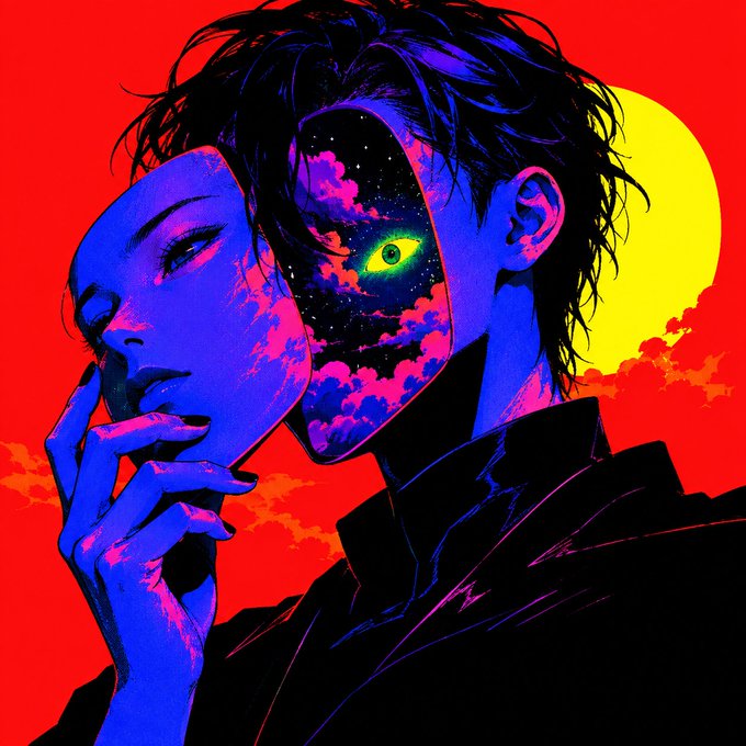 A vibrant, stylized digital illustration featuring a woman with closed eyes next to a man whose head is partially transformed into a cosmic scene with clouds and a glowing yellow-green eye, set against a red and yellow background.