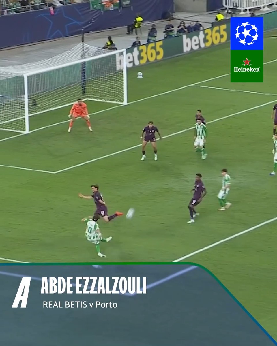 The image shows a UEFA Champions League match between Real Betis and Porto, with player Abde Ezzalzouli (wearing #10 in green and white) striking the ball toward goal as Porto's defense and goalkeeper look on. The on-screen graphics read "ABDE EZZALZOULI - REAL BETIS v Porto" alongside the UCL and Heineken logos, highlighting the goal moment referenced in the caption "Real Betis scored a GOLAZO vs Porto."