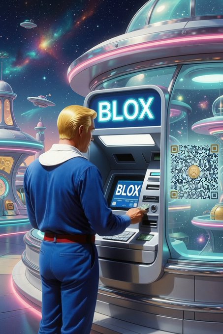 A retro-futuristic digital illustration showing a blonde man in a blue jumpsuit using an ATM labeled 'BLOX' in a sci-fi setting with UFOs and a QR code visible.