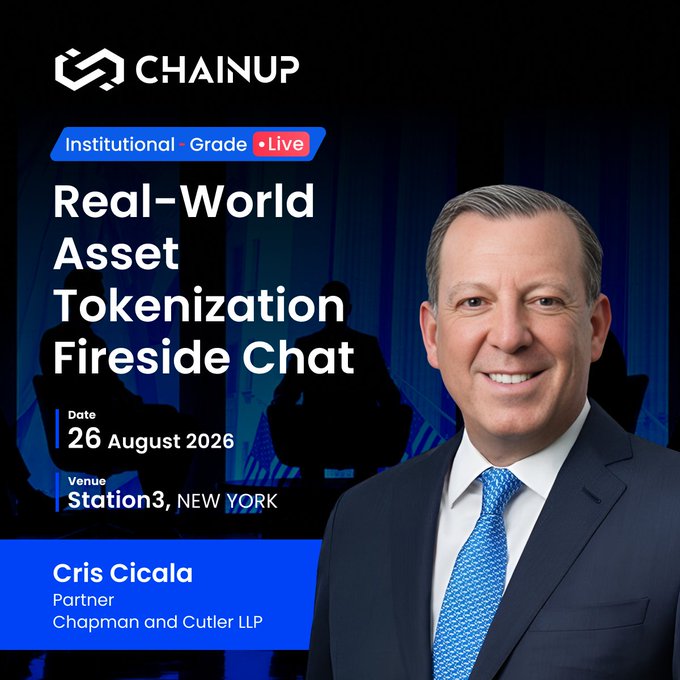 A promotional graphic for a 'Real-World Asset Tokenization Fireside Chat' on 26 August 2026 at Station3, NEW YORK, featuring speaker Cris Cicala, Partner at Chapman and Cutler LLP.