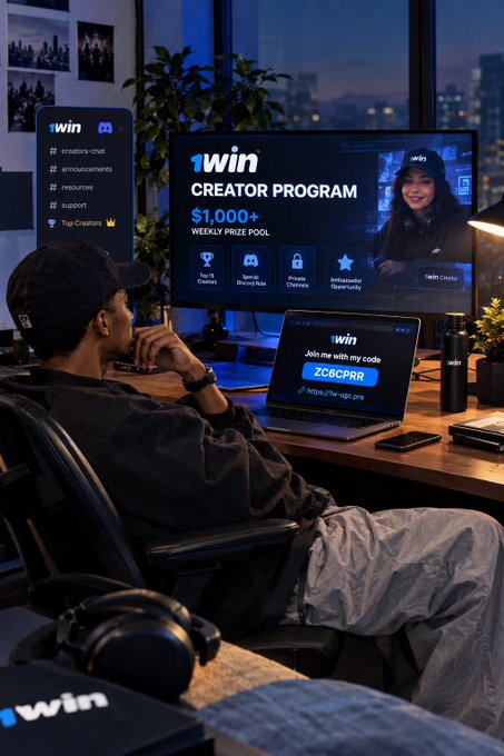 A person sitting at a desk in a dimly lit room watching a "1win CREATOR PROGRAM" advertisement on a large monitor, promoting a $1,000+ weekly prize pool with a creator code "ZC8CPRR".