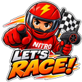 An illustration of a cartoon racer in a red helmet and suit waving a checkered flag with the text 'NITRO LET'S RACE!'.
