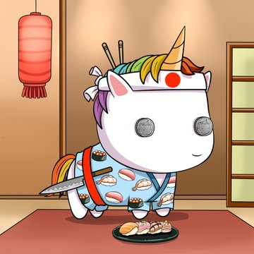 A cartoon white unicorn character dressed as a sushi chef in a Japanese-style room holds a knife next to a plate of sushi.