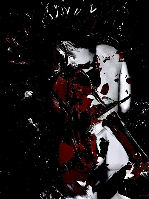 A dark, abstract digital artwork with chaotic brushstrokes of black, white, and crimson red.