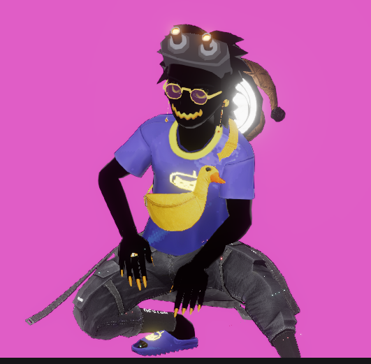 The image features a person wearing a blue shirt with yellow ducks on them, sitting down and holding a pair of shoes. The background color is pink, which contrasts with the person's outfit. There are also some words written around the edges of the image that read "Thank you guys for this wonderful gift I can’t believe it— definitely a day full of rewards I love these nails so much (Everything gold is my favorite, thanks ) @BillyTeacoin @Rishi10561916 @decentraland @CBDecentraland". The person's outfit and the pink background create an interesting visual contrast.