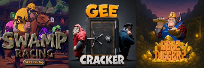 A collage of three mobile game icons or logos: 'SWAMP RACING' featuring a rider on a horse, 'GEE CRACKER' showing two men by a vault, and 'GEEZ DIGGER 2' showing a miner character.