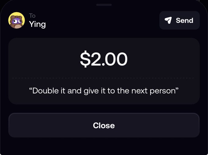 A Cash App payment screen showing a $2.00 send to "Ying" (with a sloth avatar), with the memo "Double it and give it to the next person," referencing a viral money chain.