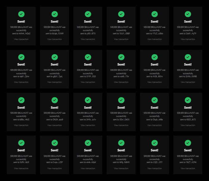 A grid of 24 transaction confirmation cards showing 500,000 BRILLIANT successfully sent to various recipients (mTHA_NQ69, ULigh_FUN, TRLU_GD8P, etc.) with green checkmarks.
