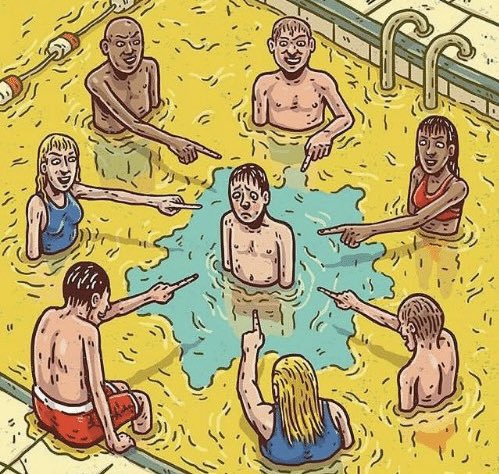 A pool scene depicting a group of people circling and pointing at a sad, isolated figure in the center, illustrating social exclusion or public shaming. The image metaphorically represents how creators and clippers who haven't yet received payouts are being singled out, while the post boasts of over $40,000 US distributed to creators in 30 days—implying that those still left out should "suffer from success" by working harder to join the winners' circle.