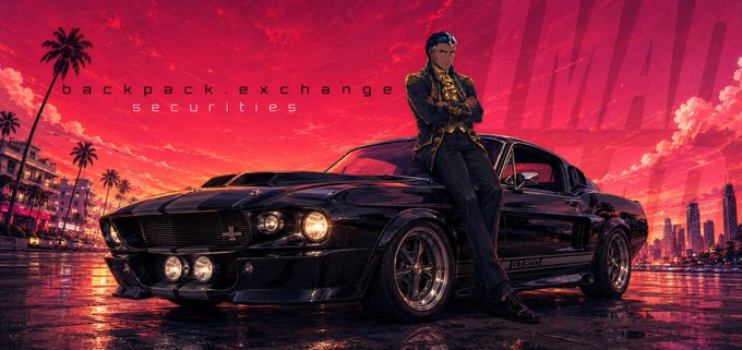 A stylized digital illustration shows a confident man in a dark suit leaning against a black classic muscle car (a Mustang fastback with "GT500" badging) under a dramatic crimson sunset with palm trees and a city skyline, overlaid with the text "backpack.exchange securities." The image ties into the post's reference to "MadLads" and Backpack Exchange, visually evoking the cool, rebellious crypto-trader aesthetic used to promote the exchange's "securities" offering.