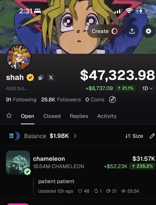 A screenshot of a trading app profile for user 'shah' shows a portfolio balance of $47,323.98 (up 21.1% with +$8,737.09), 26.8K followers, and a holding in chameleon coin worth $31.57K, featuring a Yu-Gi-Oh! profile picture.