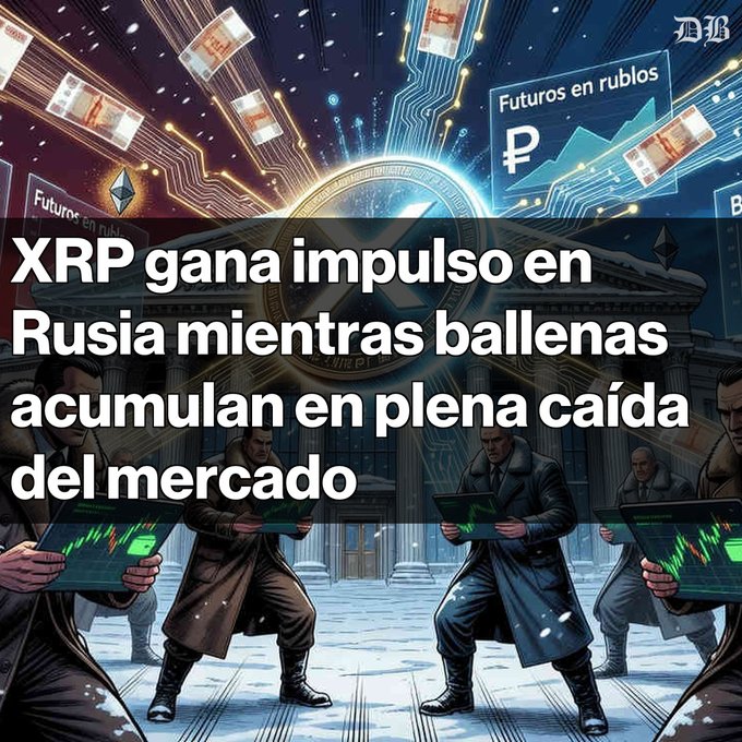 The image depicts a group of people dressed in winter clothes, holding umbrellas with their hands folded over them as they walk through a snowy landscape. The scene also features several currency symbols such as XRP, Bitcoin, and Ripple logos. The text on the image reads "XRP GANA IMPULSO EN RUSIA La Bolsa de Moscúlan el índice MOEXXRP y contratos de futuros de XRP. Las ballenas acumulan en medio de la caída del mercado. Fondos de XRP en EE.UU." The main focus of the image is on these currency symbols and their representation in a winter setting, with people holding umbrellas above them as they walk through the snow-covered landscape.