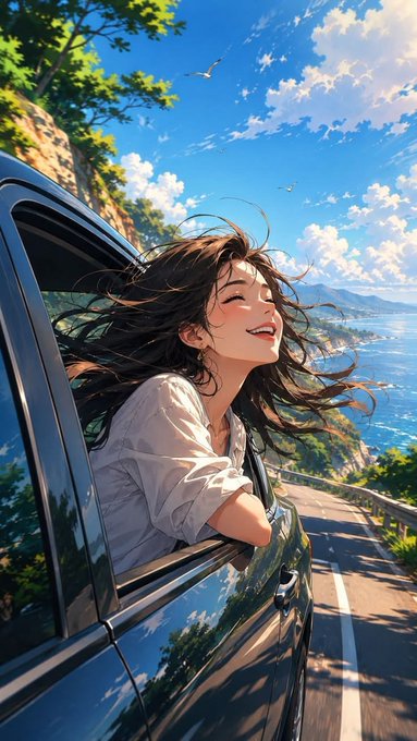 A young woman joyfully leans out of a car window, her hair blowing in the wind against a stunning coastal backdrop of turquoise sea and mountains. The image's theme of freedom and trust on an open road loosely parallels the post's message about building trust in AI trading agents through the Agentics Credit Score (ACS), suggesting that confidence, whether in a journey or in autonomous finance, requires a foundation of proven reliability.