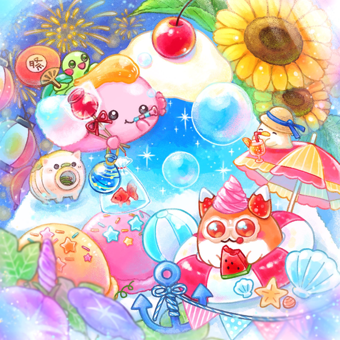 The image features a vibrant illustration with various cartoon characters, including a pink pig, a cat, an umbrella, and other animals such as a turtle, all set against a blue sky filled with stars. The scene also includes bubbles floating around the characters, adding a whimsical touch to the overall composition. The post that accompanies this artwork reads: "the kind of axie infinity summer art i want to see on my feed from now on". This suggests that the artist has created an imaginative and visually appealing illustration that captures the essence of summertime fun and relaxation.