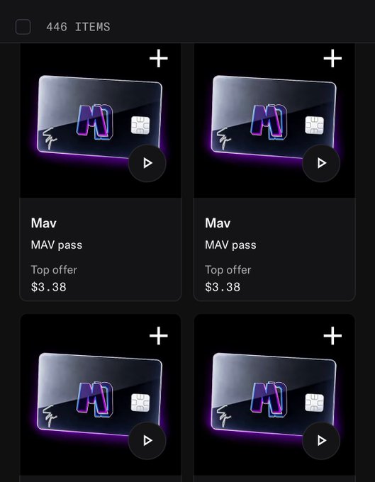 A marketplace listing showing 446 items, specifically featuring multiple "Mav MAV pass" collectible cards with a purple and blue "M" logo, each listed at a top offer of $3.38.