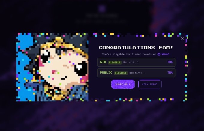 A pixel-art confirmation modal reading 'CONGRATULATIONS FAM! You're eligible for 2 mint rounds on MONAD:' with GTD and PUBLIC eligibility badges, share buttons, and a pixelated anime-style character on the left.