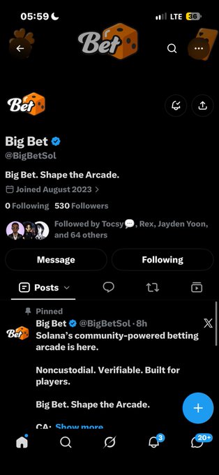 A mobile screenshot of the X (Twitter) profile for 'Big Bet' (@BigBetSol), describing it as Solana's community-powered betting arcade with 530 followers.
