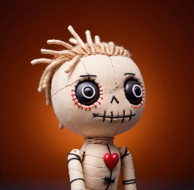 A plush doll with stitched features, button eyes, yarn hair, and a red heart sewn onto its chest stands against a warm orange gradient background.