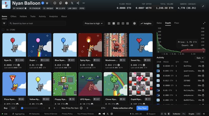 Screenshot of the Nyan Balloons NFT marketplace showing 49 items for sale, with current bids ranging from 0.0088 ETH to 0.0087 ETH, and the highest priced item at 1.75 ETH matching the tweet's claim about balloon listings on the platform.