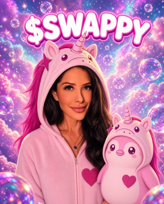 A woman wearing a pink unicorn-themed hoodie poses alongside a matching pink unicorn penguin plush toy, set against a dreamy backdrop of sparkling bubbles and pastel clouds, with the bold "$SWAPPY" ticker displayed prominently at the top—visually reinforcing the post's "Female penguin. Unicorn cape. Real-world push" thesis by merging the mascot's branding with a polished, character-driven aesthetic.