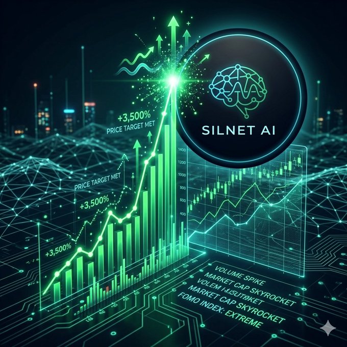 The image features a vibrant digital poster promoting a new cryptocurrency called Solnet AI. In the center, there is a glowing light symbol representing the brain of this digital currency. The background shows an overlay of complex graphs and charts related to market trends and indicators in the cryptocurrency world. This visual representation helps emphasize the disruptive nature of Solnet AI within the financial landscape.