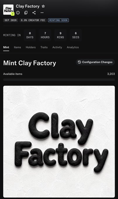 A screenshot of a webpage for 'Clay Factory' showing a countdown of 0 days, 7 hours, and 9 minutes until minting in September 2026, featuring a large 3D-rendered 'Clay Factory' logo.