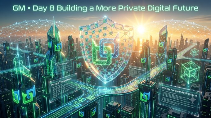 A futuristic cityscape illustration featuring a glowing digital shield made of green nodes and circuit patterns, with the header text 'GM • Day 8 Building a More Private Digital Future' and floating holographic panels displaying terms like 'Private Transactions' and 'Privacy Focused Applications'.
