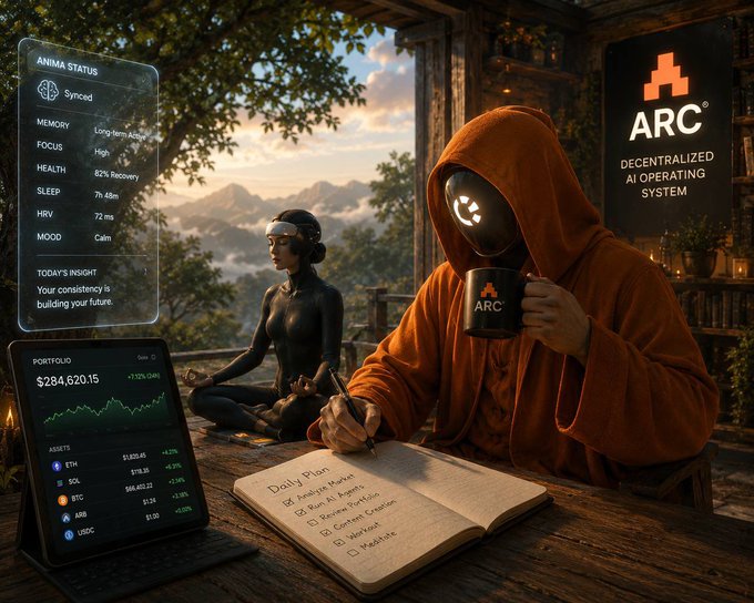 The image features a man sitting at a desk with an open notebook, pen, and laptop. He appears to be writing something down or working on a project related to artificial intelligence (AI). The scene takes place outdoors, possibly under a tree, as there is a sign in the background that reads "ARC". The man's attire consists of an orange hoodie, which contrasts with his surroundings.