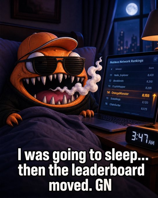 A meme featuring an orange monster wearing sunglasses and a cap, lying in bed at night watching a laptop screen displaying a 'Nucleus Network Rankings' leaderboard with 'OrangeMonster' highlighted at #14, with text reading 'I was going to sleep... then the leaderboard moved. GN' and a clock showing 3:47 AM.