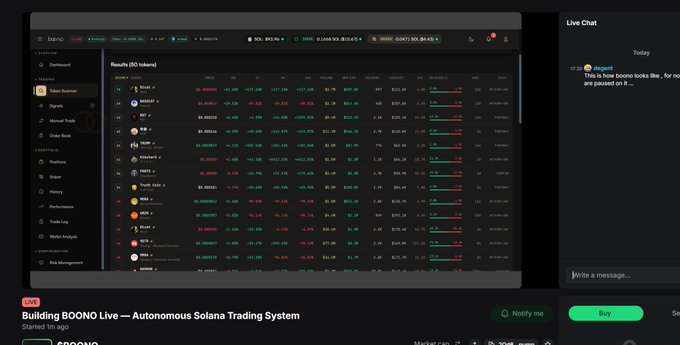 A screenshot of a crypto trading platform called 'BOONO' displaying token results with various cryptocurrency prices, alongside a live chat panel and a 'Building BOONO Live — Autonomous Solana Trading System' label.