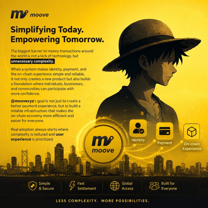 A promotional graphic for 'moove' with the headline 'Simplifying Today. Empowering Tomorrow.', featuring an anime-style character wearing a straw hat against a yellow background with icons for Identity, Payment, and On-chain Experience, and the tagline 'LESS COMPLEXITY. MORE POSSIBILITIES.'