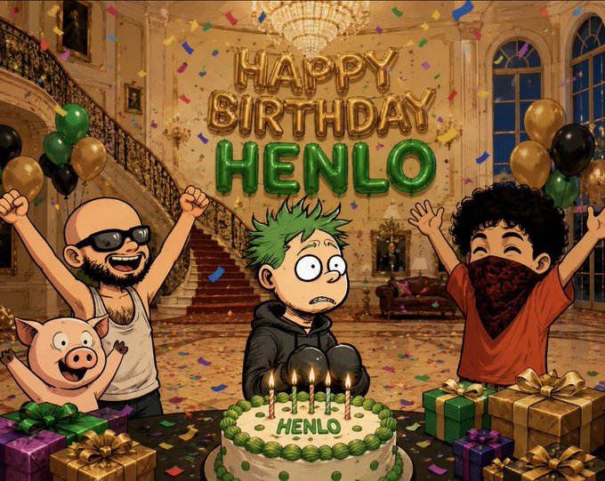 Cartoon birthday illustration with a 'HAPPY BIRTHDAY HENLO' banner, featuring three excited characters and a pig celebrating around a cake labeled 'HENLO'.
