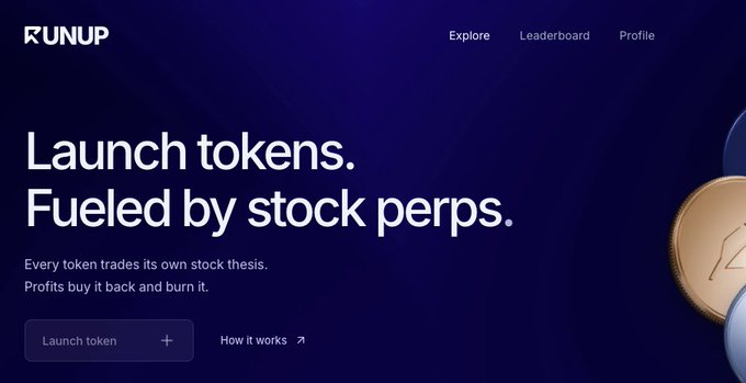 The image shows the RunUp homepage with the headline "Launch tokens. Fueled by stock perps." explaining that every token trades its own stock thesis and profits buy it back and burn it, with navigation options to Explore, Leaderboard, and Profile. This visual aligns with the post's description of RunUp as the first launchpad powered by stock perps, backed by Injective, featuring the $RUNNER token.