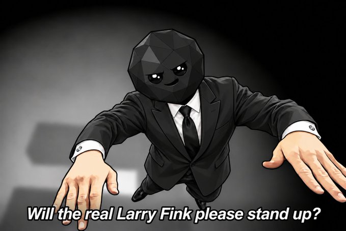 A 3D-rendered figure in a black suit and tie with a faceted black head featuring an angry expression, with text below reading "Will the real Larry Fink please stand up?"