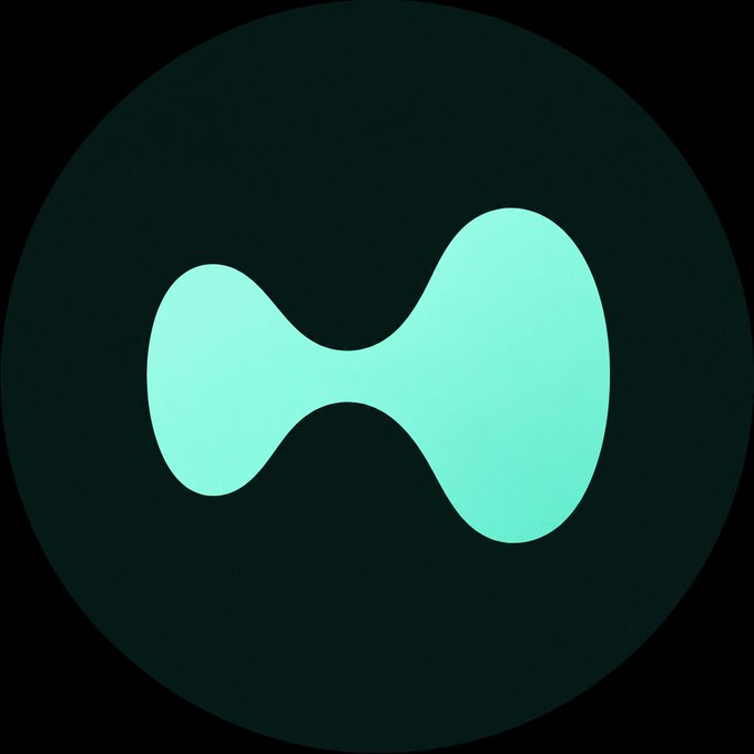 A minimalist teal infinity or bow-tie shaped logo centered inside a dark green circle.