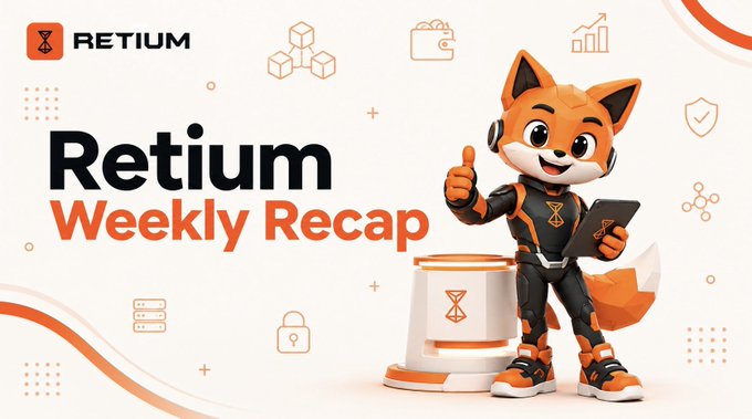 A promotional banner reading 'Retium Weekly Recap' features a cartoon orange fox mascot in futuristic armor giving a thumbs-up next to a 3D printer.