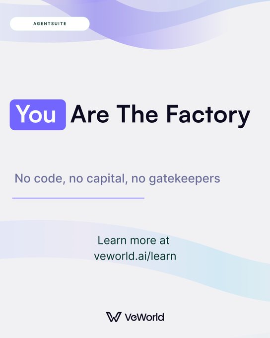 An advertisement poster for 'AGENTSUITE' reads 'You Are The Factory' with the tagline 'No code, no capital, no gatekeepers' and directs viewers to learn more at 'veworld.ai/learn'.