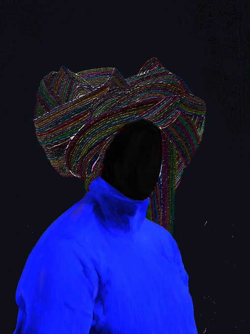 A faceless figure draped in a vivid blue garment stands against a dark background, with an elaborate, multicolored beaded or wired headdress radiating outward from where the head would be, evoking a striking and abstract portrait. The artwork embodies the "faceless" theme highlighted in the post and is available as a 1/1 NFT on @objktcom for 300 xtz.