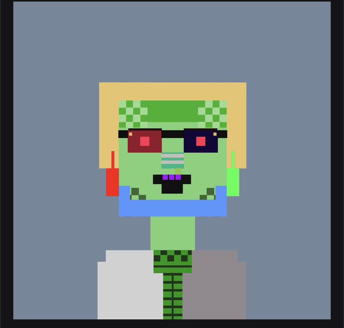 A pixel art illustration of a green zombie-like character with blonde hair, red and black square sunglasses, a blue shirt, and striped legs against a gray background.