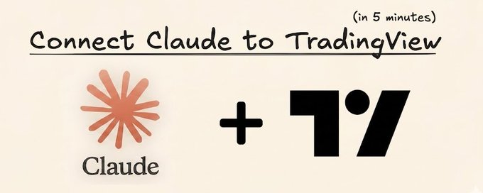 The image shows a graphic with the heading "Connect Claude to TradingView (in 5 minutes)" alongside the Claude and TradingView logos connected by a plus sign, visually representing the integration tutorial described in the post about linking Claude AI to a TradingView account for enhanced market data access.