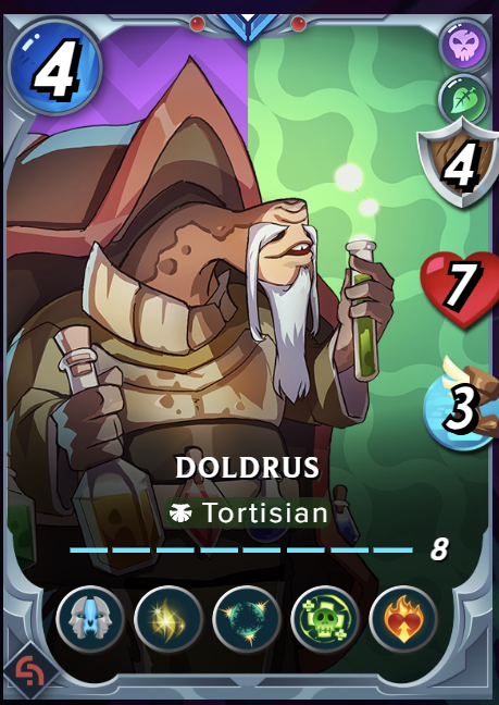 A digital trading card featuring a turtle-like character named 'DOLDRUS' of the 'Tortisian' class, with stats showing 4 in the top corner, 7 health, and 3 mana.