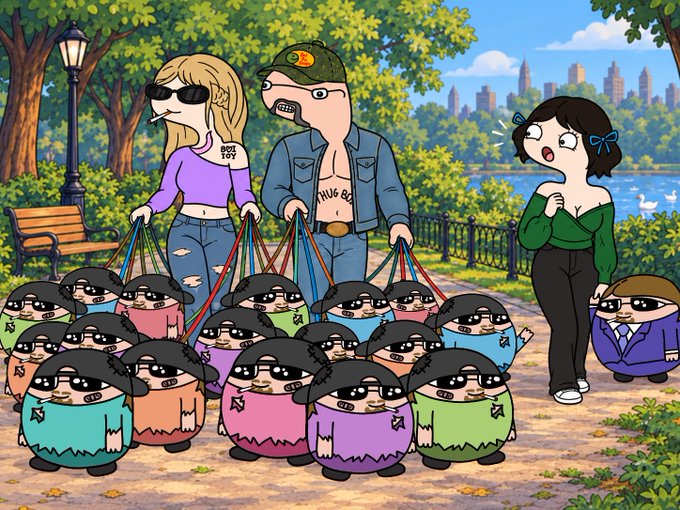 Cartoon-style illustration depicting a woman and man selling plush dolls in a park while another woman looks shocked, set against a city skyline.