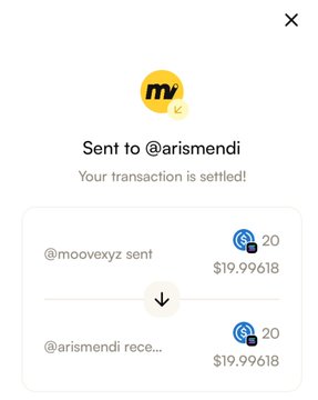 A mobile transaction confirmation screen showing 'Sent to @arismendi' with the message 'Your transaction is settled!', displaying a transfer of $19.99618 between @moovexyz and @arismendi, marked with '20' beside logo icons.