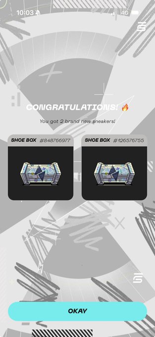 The image shows a phone screen displaying two boxes of shoes, with one box being a shoe box that has been opened and the other still sealed. The text "Congratulations! You got your new shoes!" is displayed above the open box, indicating a successful purchase or gift exchange.