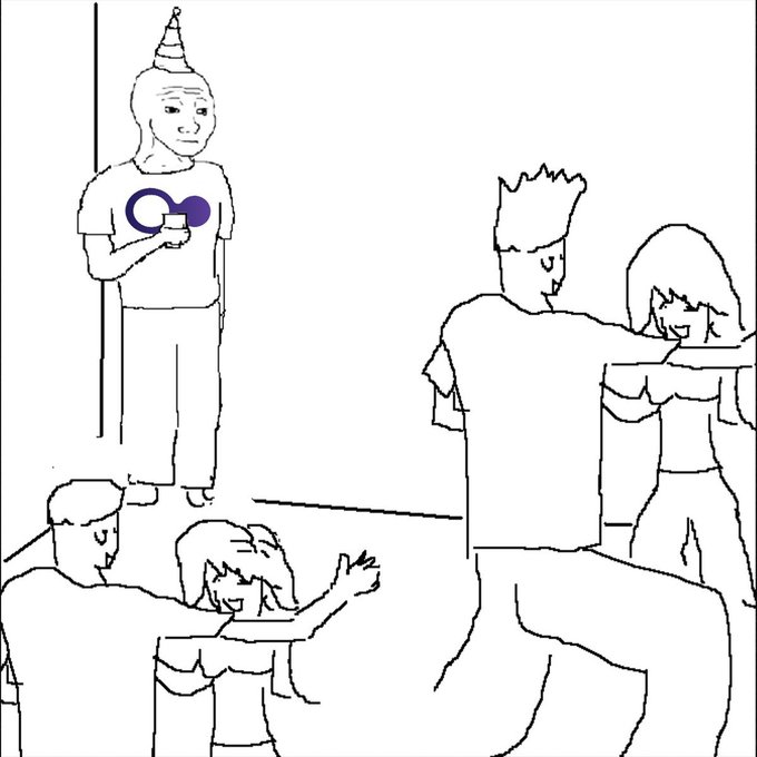 A black-and-white Wojak-style meme shows a partygoer in an inflatable tube standing awkwardly holding a drink at a party.