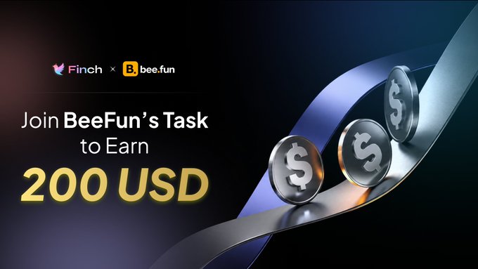 A promotional graphic for 'Finch x Bee.fun' advertising 'Join BeeFun's Task to Earn 200 USD' with images of silver dollar coins on a blue ribbon background.