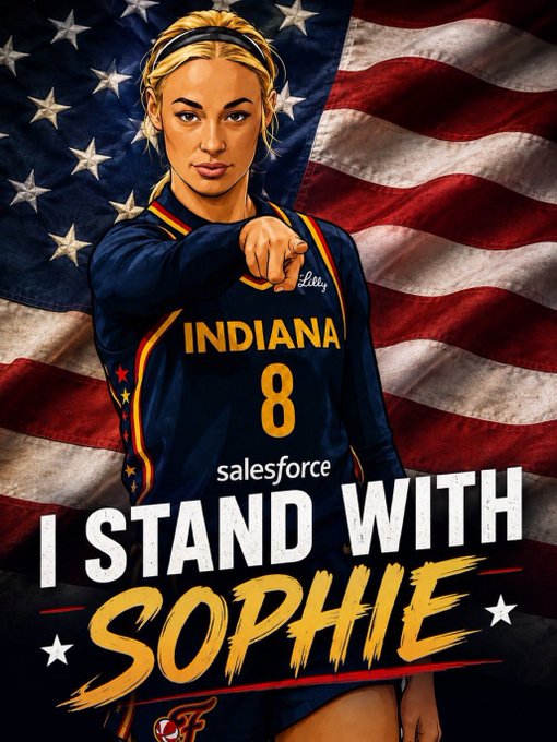 A stylized poster of basketball player Sophie Cunningham in her Indiana Fever #8 jersey pointing at the camera, with the text "I STAND WITH SOPHIE" displayed in front of an American flag background.