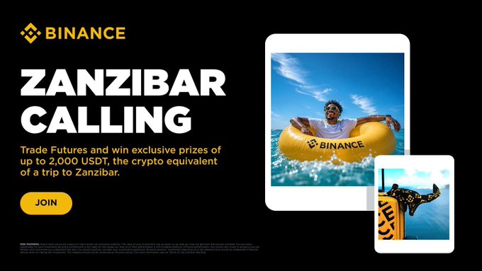 A Binance promotional advertisement titled 'ZANZIBAR CALLING' offering prizes of up to 2,000 USDT for trading futures, featuring images of a person in a Binance-branded yellow inner tube and a person parasailing.